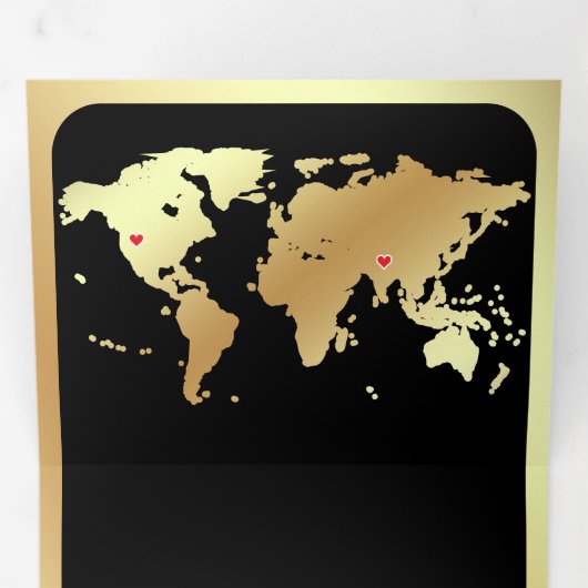 Black Gold World Map QR Code Photo Wedding 三つ折り招待状 (内部最初)