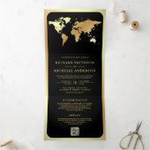 Black Gold World Map QR Code Photo Wedding 三つ折り招待状 (内部)