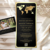 Black Gold World Map QR Code Photo Wedding 三つ折り招待状
