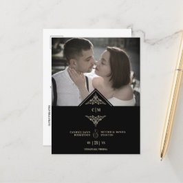 Black Golden Chic Lace Romantic Couple Wedding 案内ポストカード