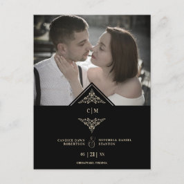 Black Golden Chic Lace Romantic Couple Wedding 案内ポストカード