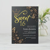 Black Golden Floral Sweet 16 Birthday 招待状 (スタンド正面)