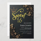 Black Golden Floral Sweet 16 Birthday 招待状 (正面/裏面)