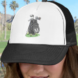 Black Golf Initial Monogram キャップ<br><div class="desc">This black and white hat features a stylish black watercolor golf bag filled with clubs, sitting on a patch of green grass. The design includes a simple serif white initial monogram placed right on the bag, making it feel like a natural part of the artwork. The letter stands out against...</div>