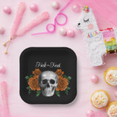 Black Goth Floral Skull Trick Or Treat Halloween ペーパープレート (パーティー)