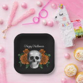 Black Gothic Floral Skull Halloween ペーパープレート (パーティー)