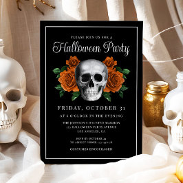Black Gothic Floral Skull Halloween Invitation 招待状