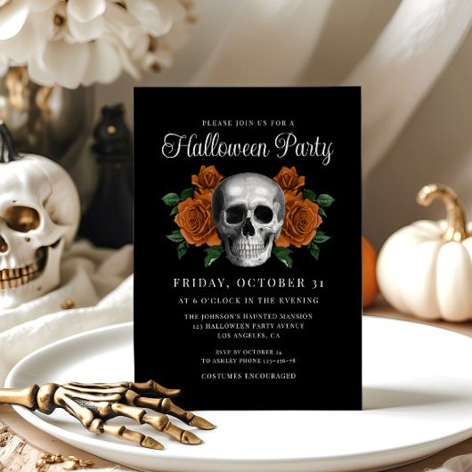 Black Gothic Floral Skull Halloween Invitation 招待状