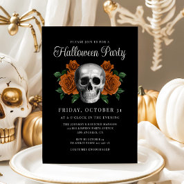 Black Gothic Floral Skull Halloween Invitation 招待状