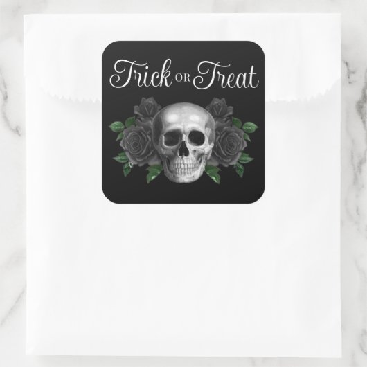Black Gothic Floral Skull Trick Or Treat Halloween スクエアシール (バッグ)