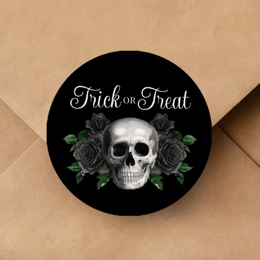 Black Gothic Floral Skull Trick Or Treat Halloween ラウンドシール