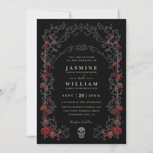 Black Gothic Gate Romance Elegant QR Code Wedding 招待状 (正面)