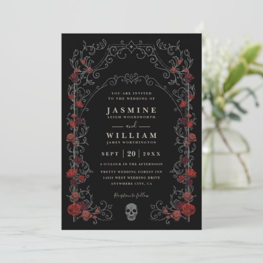 Black Gothic Gate Romance Elegant QR Code Wedding 招待状 (スタンド正面)