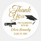Black Graduation Cap Gold Thank You Script Favor ラウンドシール (正面)
