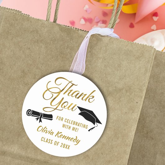 Black Graduation Cap Gold Thank You Script Favor ラウンドシール