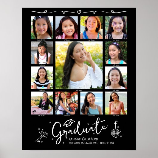 Black Graduation K–12 Photo Collage White Doodles ポスター (正面)