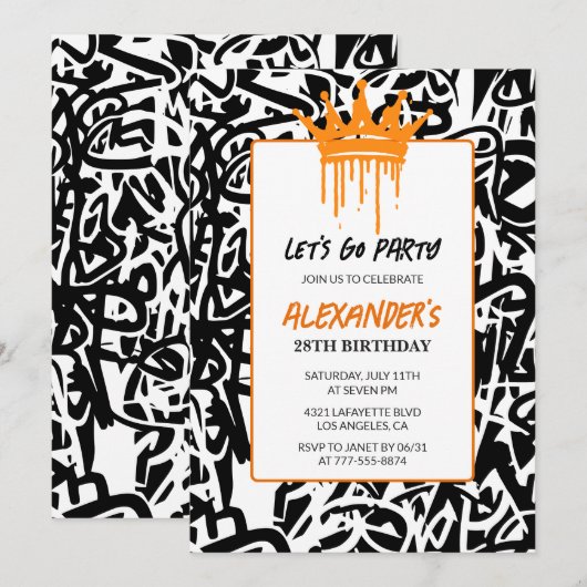 Black Graffiti 28th birthday invitation Men  招待状 (正面/裏面)