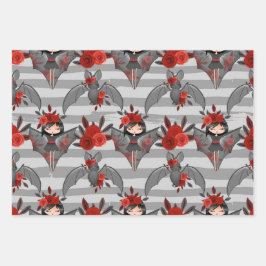 BLACK GRAT RED HALLOWEEN GIRLS FLOWERS COFFINS ラッピングペーパーシート