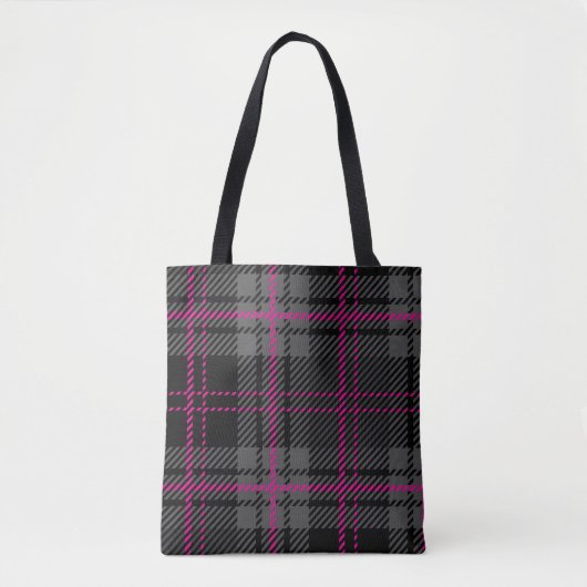 Black Gray and Pink Tartan Print Plaid Scottish トートバッグ (正面)