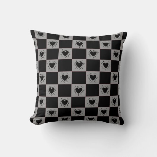 Black&Gray Checkered Tile With Hearts Pattern クッション (正面)