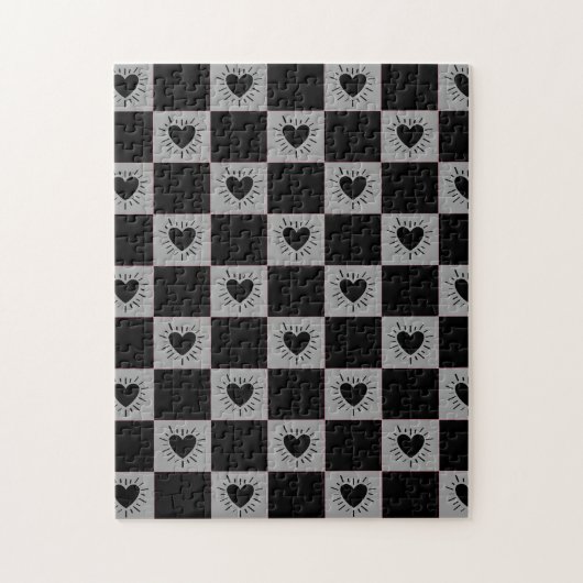 Black&Gray Checkered Tile With Hearts Pattern ジグソーパズル (縦)