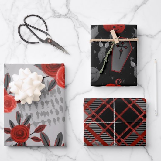 BLACK GRAY RED HALLOWEEN GIRLS FLOWERS COFFINS ラッピングペーパーシート (正面)