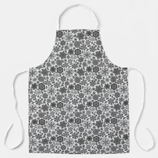 Black Gray White Retro Floral Art Seamless Pattern エプロン (正面)