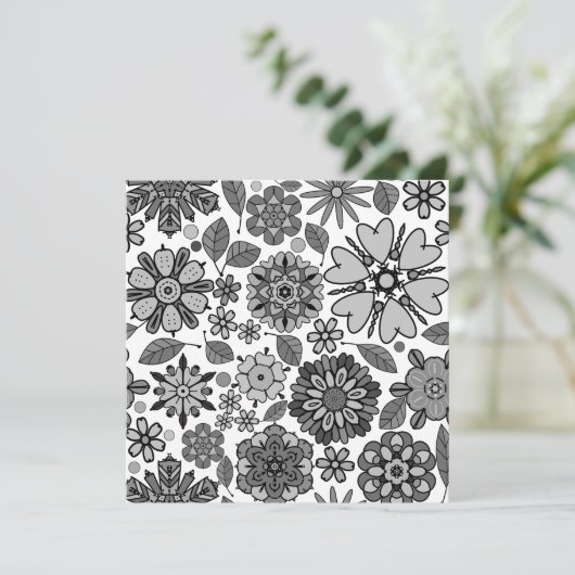 Black Gray White Retro Floral Art Seamless Pattern カード (スタンド正面)