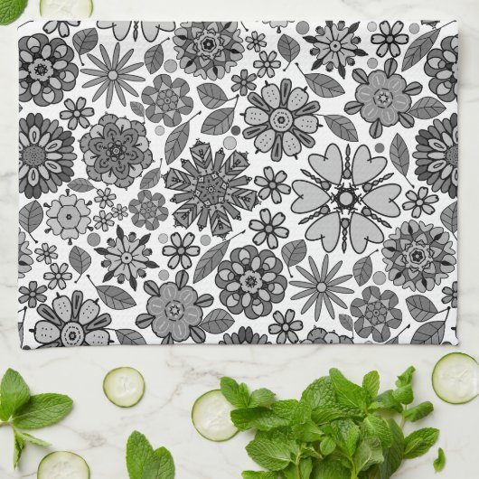 Black Gray White Retro Floral Art Seamless Pattern キッチンタオル (折り畳み)