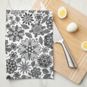 Black Gray White Retro Floral Art Seamless Pattern キッチンタオル (四つ折り)