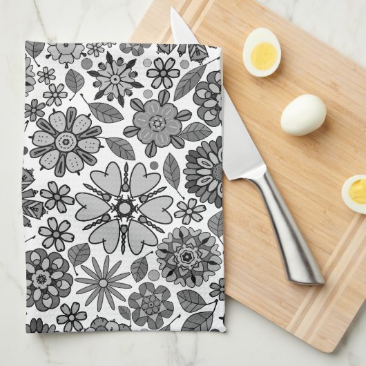 Black Gray White Retro Floral Art Seamless Pattern キッチンタオル (四つ折り)