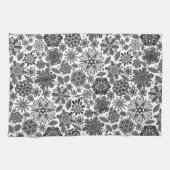 Black Gray White Retro Floral Art Seamless Pattern キッチンタオル (横)