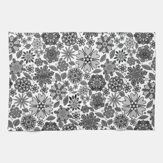 Black Gray White Retro Floral Art Seamless Pattern キッチンタオル (横)