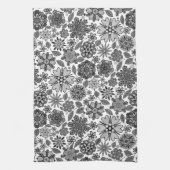 Black Gray White Retro Floral Art Seamless Pattern キッチンタオル (縦)