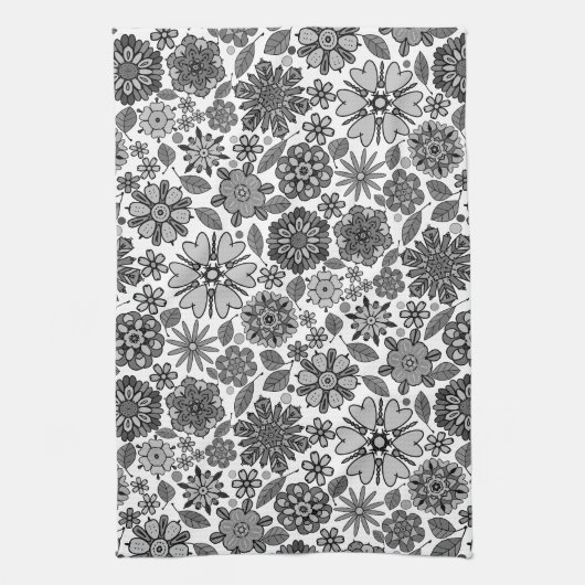 Black Gray White Retro Floral Art Seamless Pattern キッチンタオル (縦)
