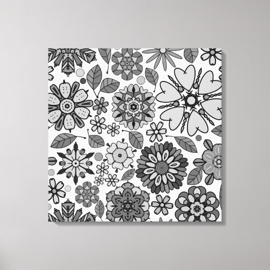 Black Gray White Retro Floral Art Seamless Pattern キャンバスプリント (正面)