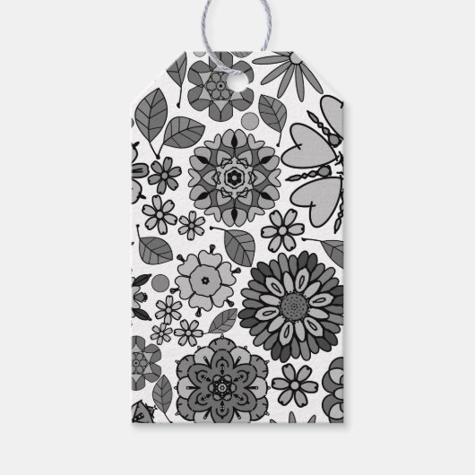 Black Gray White Retro Floral Art Seamless Pattern ギフトタグ (正面)