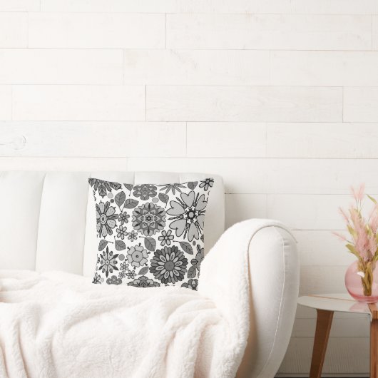 Black Gray White Retro Floral Art Seamless Pattern クッション (ソファ)