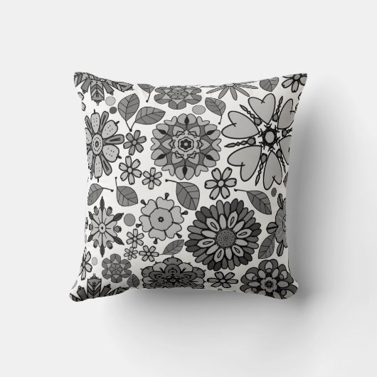 Black Gray White Retro Floral Art Seamless Pattern クッション (裏面)