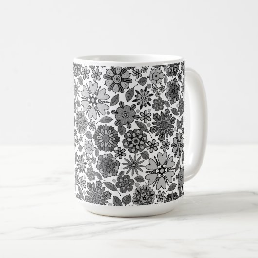 Black Gray White Retro Floral Art Seamless Pattern コーヒーマグカップ (正面右)