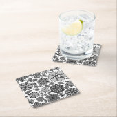 Black Gray White Retro Floral Art Seamless Pattern スクエアペーパーコースター (インサイチュ)