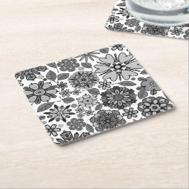 Black Gray White Retro Floral Art Seamless Pattern スクエアペーパーコースター