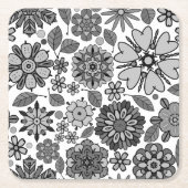 Black Gray White Retro Floral Art Seamless Pattern スクエアペーパーコースター (正面)