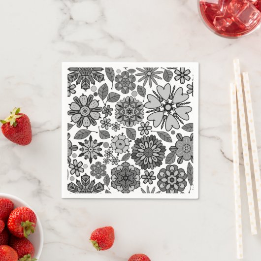 Black Gray White Retro Floral Art Seamless Pattern スタンダードカクテルナプキン (インサイチュ)
