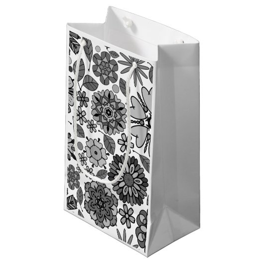 Black Gray White Retro Floral Art Seamless Pattern スモールペーパーバッグ (正面アングル)