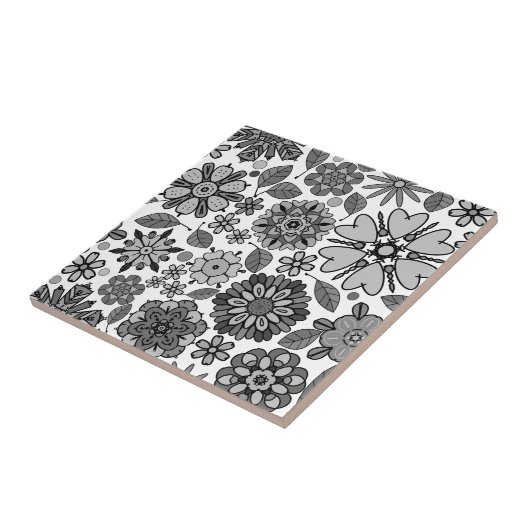 Black Gray White Retro Floral Art Seamless Pattern タイル (側面)