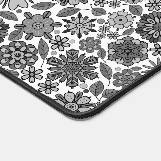 Black Gray White Retro Floral Art Seamless Pattern デスクマット (コーナー)