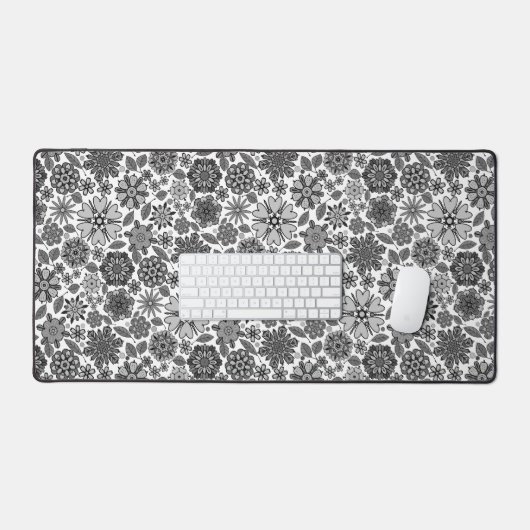 Black Gray White Retro Floral Art Seamless Pattern デスクマット (キーボード&マウス)