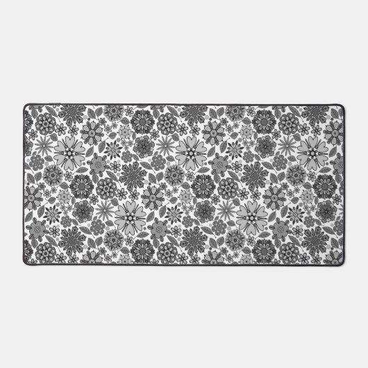 Black Gray White Retro Floral Art Seamless Pattern デスクマット (正面)