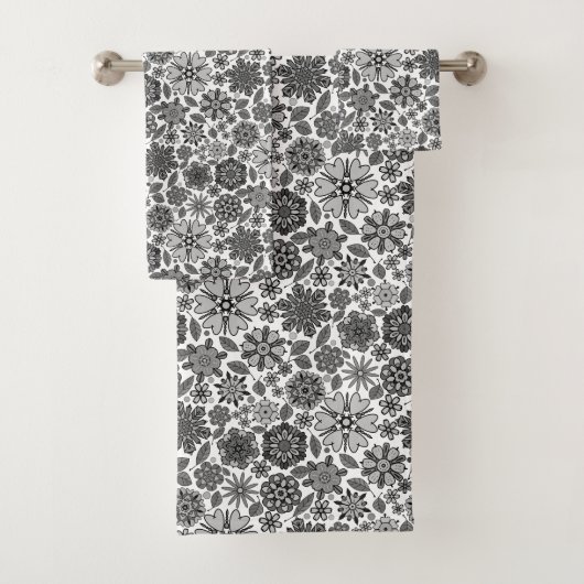 Black Gray White Retro Floral Art Seamless Pattern バスタオルセット (インサイチュ)